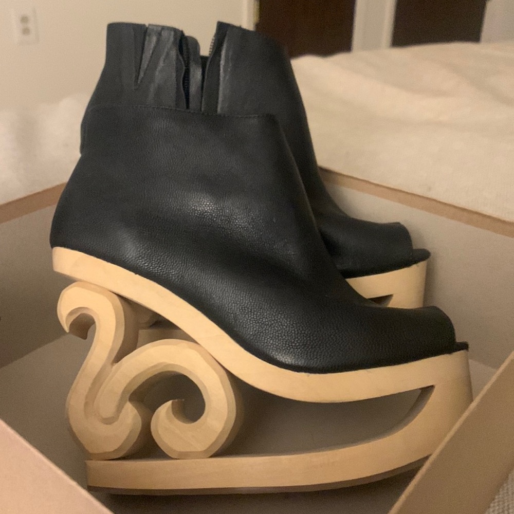 Jeffrey Campbell Skate Shoe (Rare Black Leather & Carved Wood Booties)